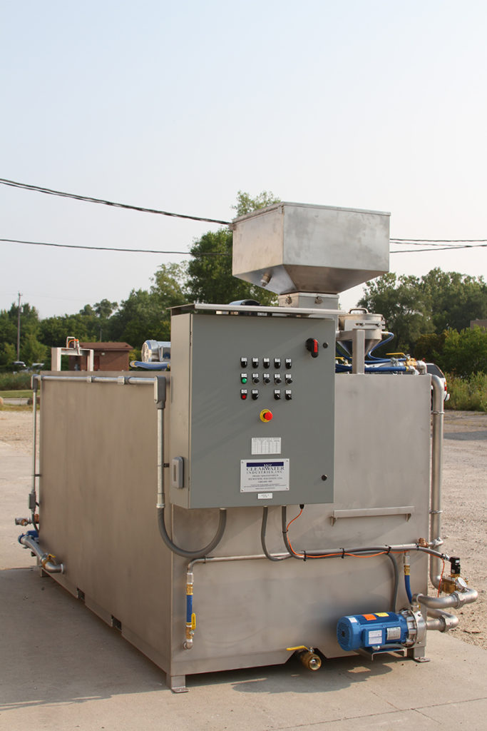 Clearwater Industries Model 800 Stainless Steel polymer make-down system displaying it's control panel and dry polymer hopper.