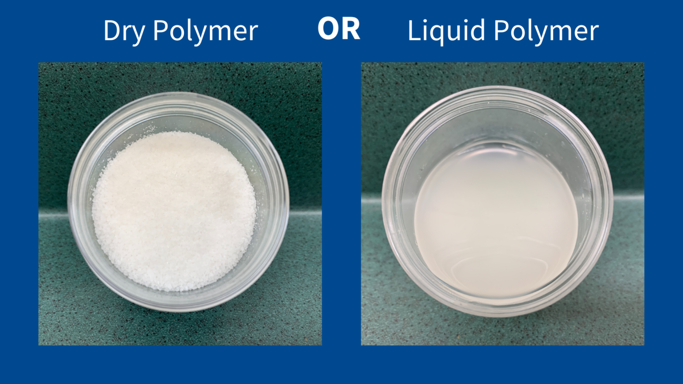 This image shows a picture of dry polymer next to a picture of liquid polymer to show how they look different.