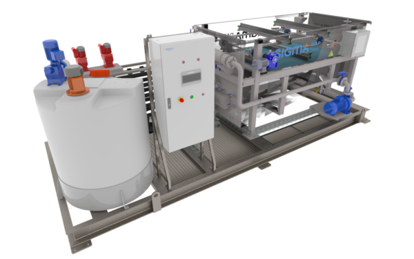 A rendered image of a dissolved flotation clarifier skid with a metal tank, control panel, and plastic tank.