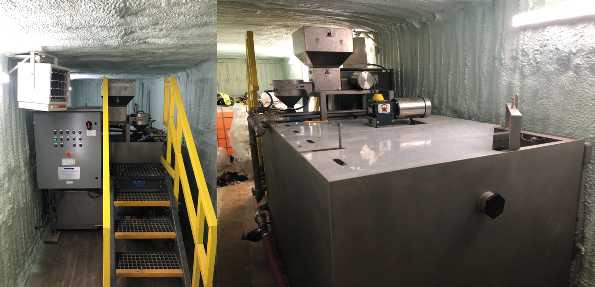 An image with side by side photos showing the front and back of a stainless steel polymer make-down system in a shipping container.