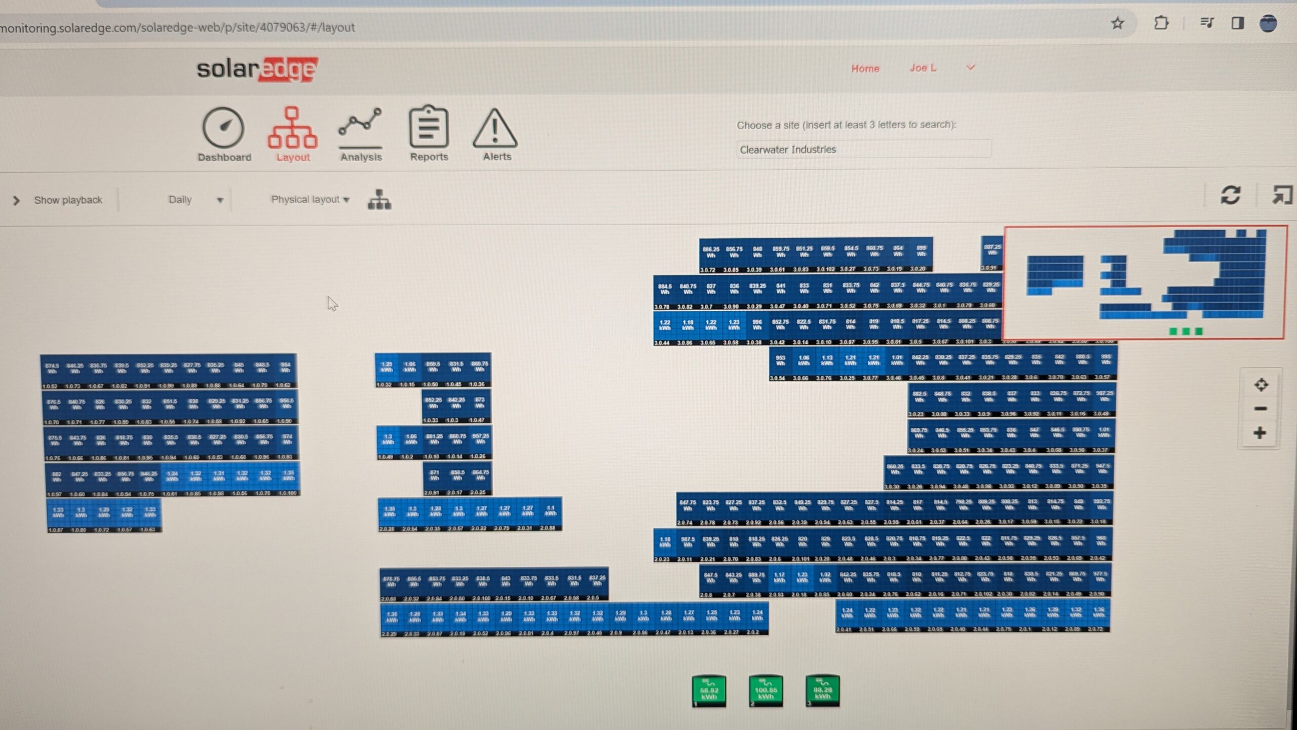 Screenshot of a user portal showing blue boxes that represent solar panels.